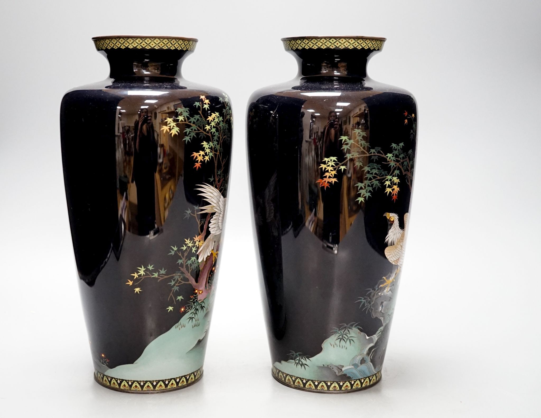 A pair of Japanese cloisonne vases (af), 31cm